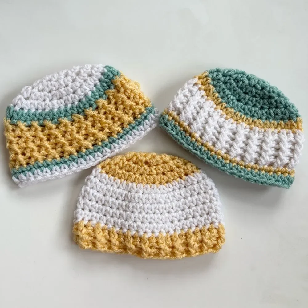 Newborn Baby Crochet Hat Set of 3 Yellow Grey Mint Green 0-3